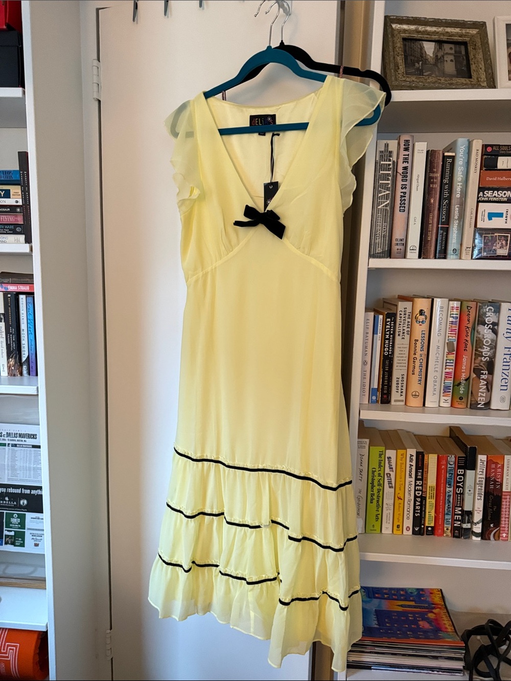 Pale Yellow Midi Dress with Black Trim and Bow